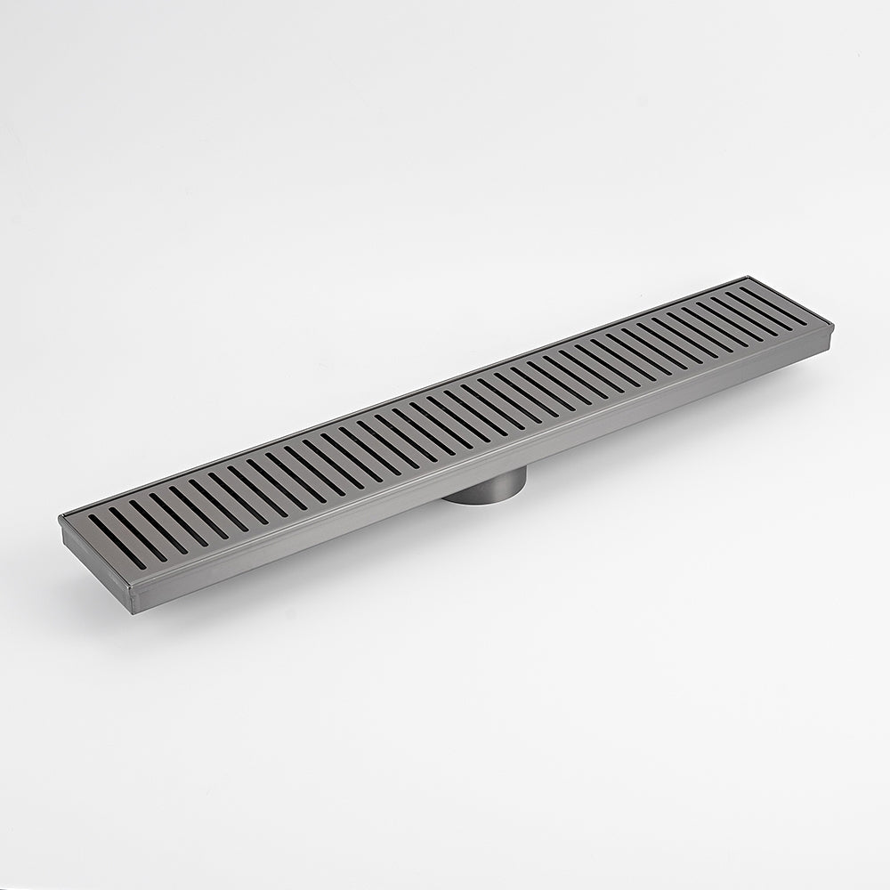Radiant linear slotted floor grate in gun metal grey, stainless steel, shown in a studio view with central outlet
