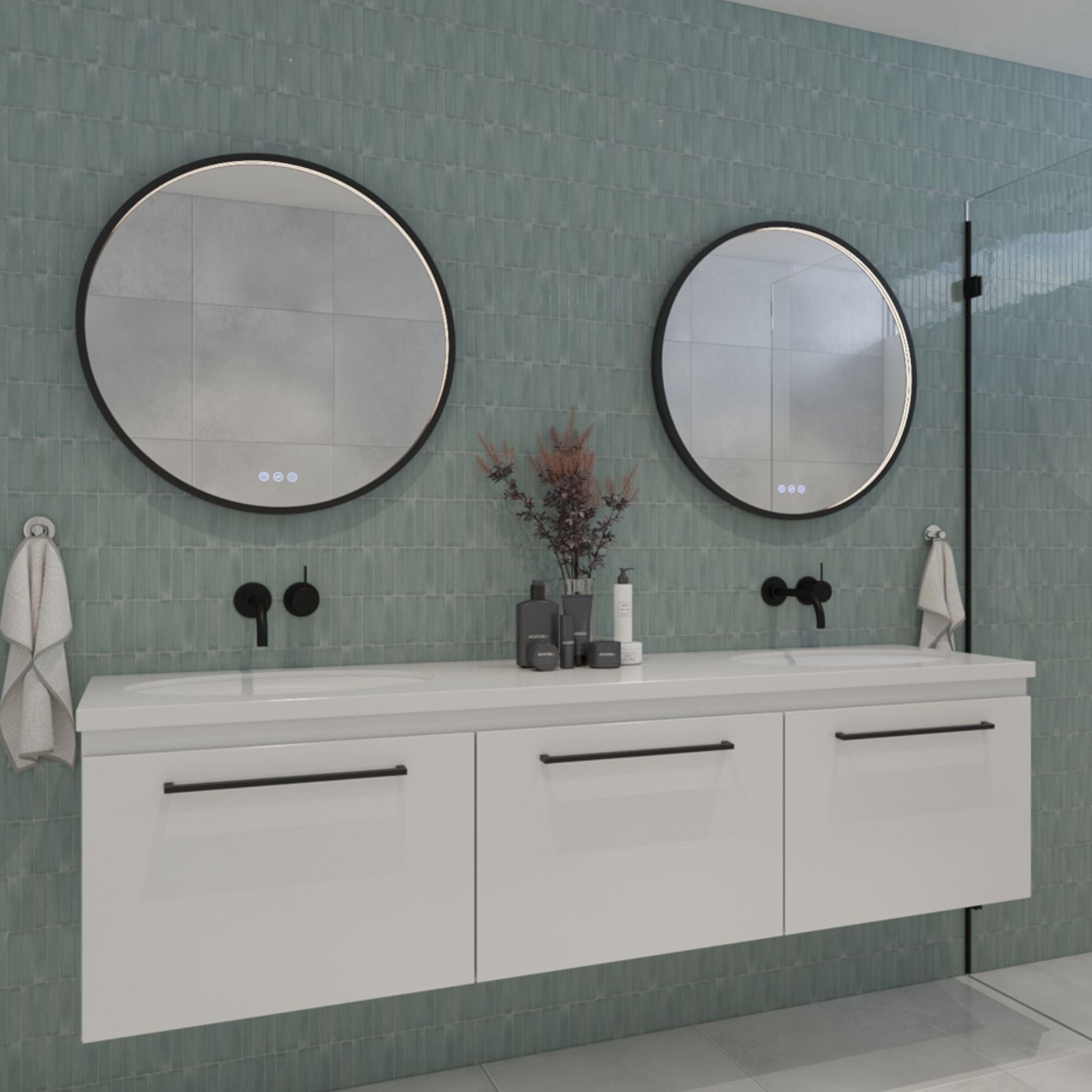 Round black Radiant LED bathroom mirrors above a vanity, shown in a double mirror bathroom setting
