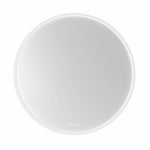 Radiant Olek round LED mirror in white, front view with touch controls and illuminated edge