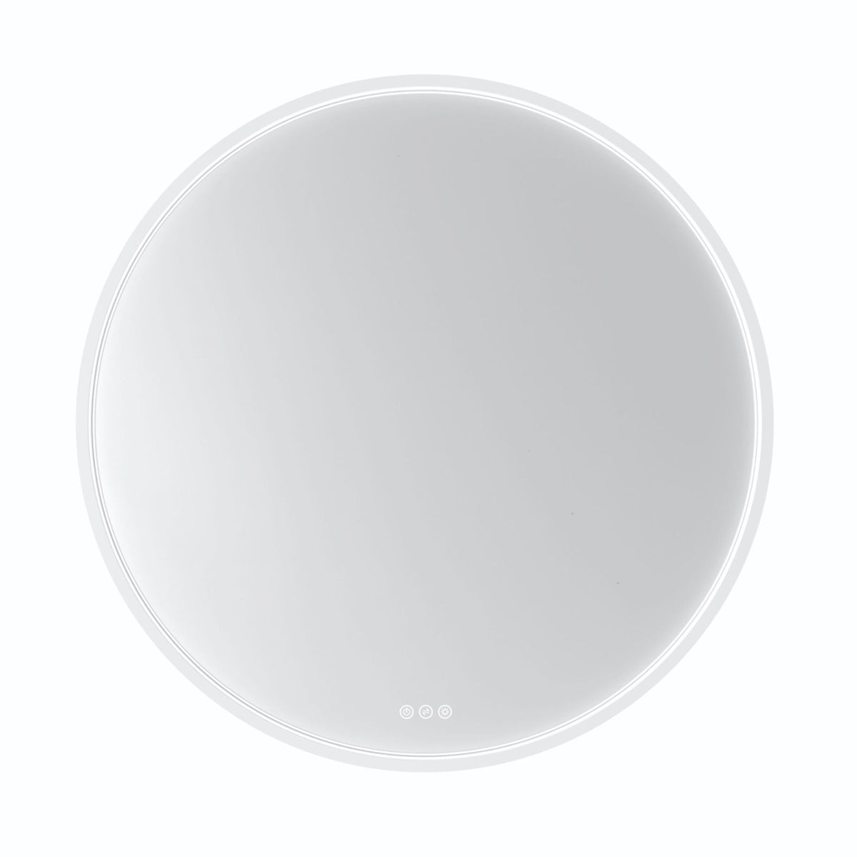 Radiant Olek round LED mirror in white, front view with touch controls and illuminated edge