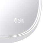 Close-up of Radiant Olek round LED mirror in white, showing touch icons and illuminated edge lighting
