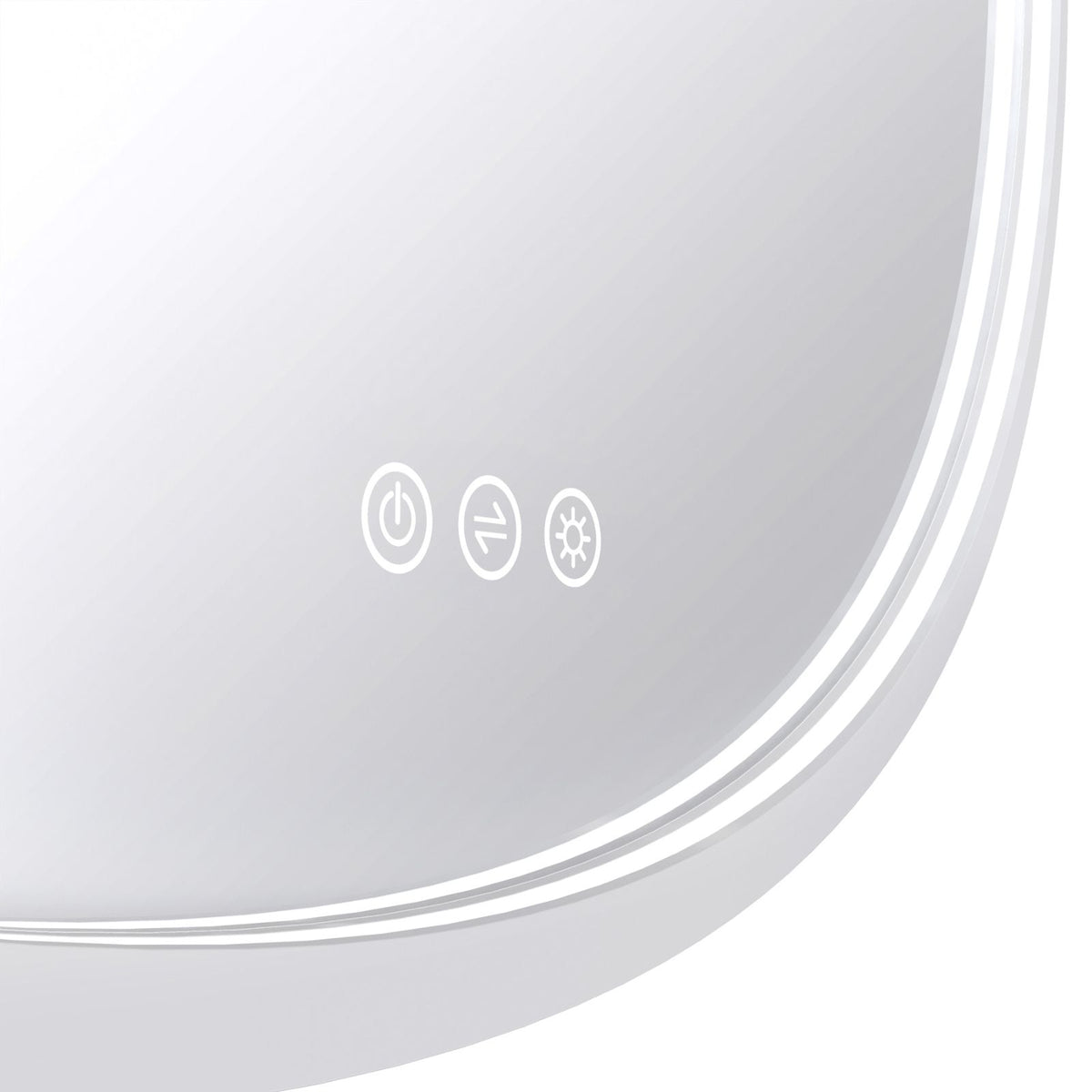 Close-up of Radiant Olek round LED mirror in white, showing touch icons and illuminated edge lighting