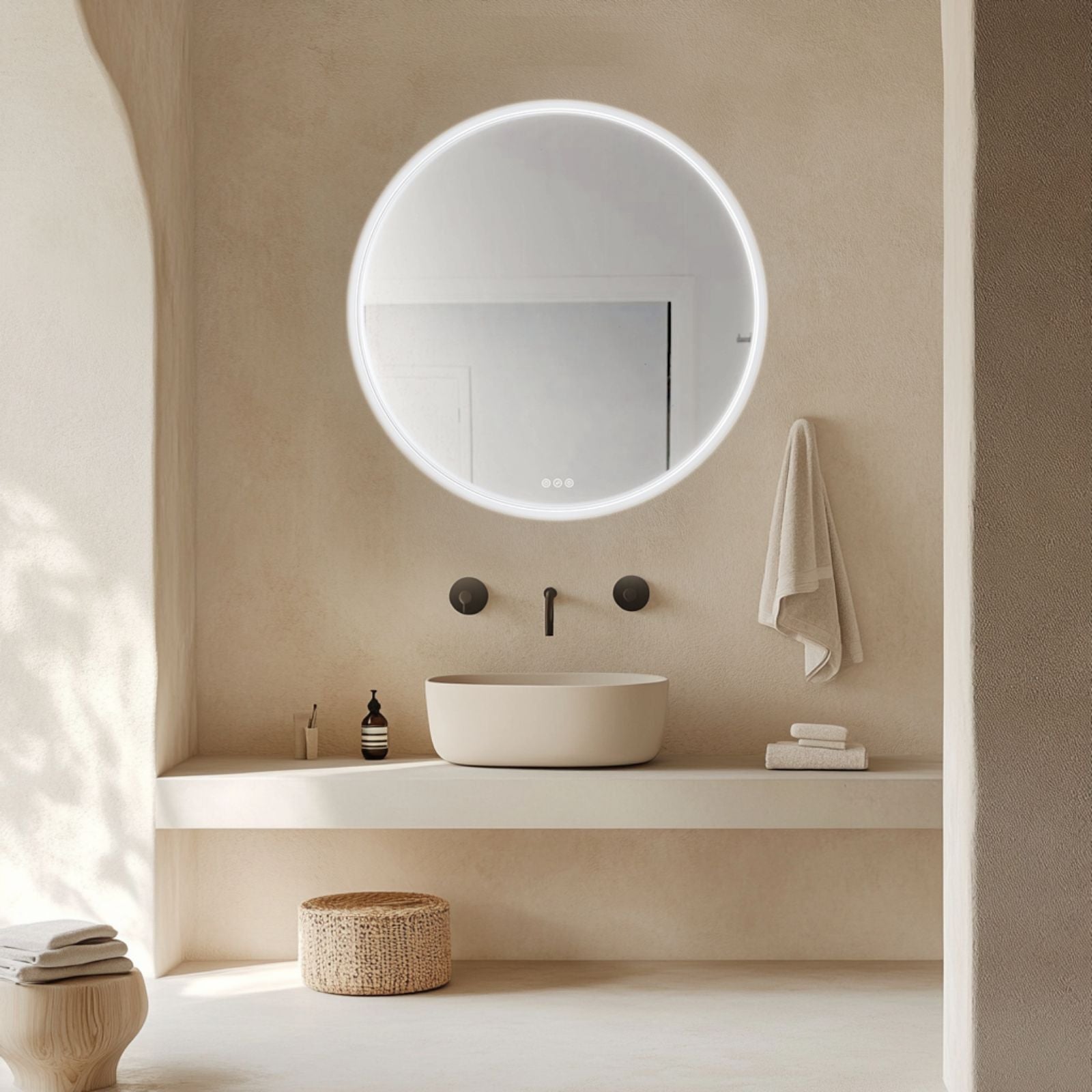 Radiant Olek round LED mirror with white edge lighting in a beige bathroom vanity setting