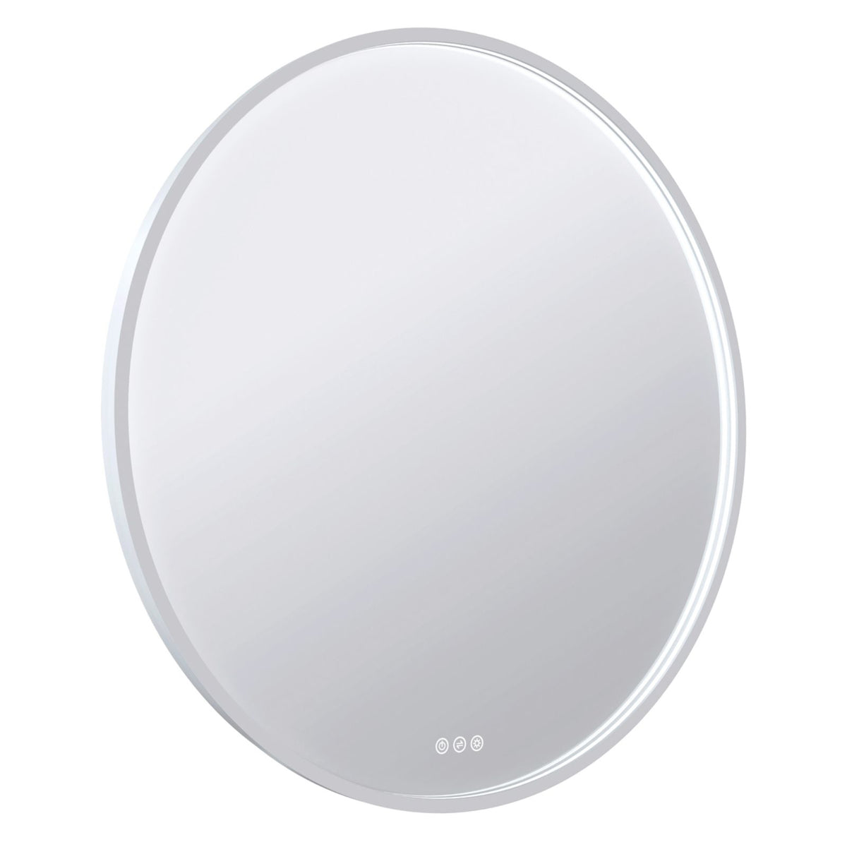 Round Radiant Olek LED mirror in white with illuminated edge and touch controls, front view