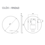 Radiant Olek round LED mirror technical drawing, 600mm diameter, white, with side and depth measurements