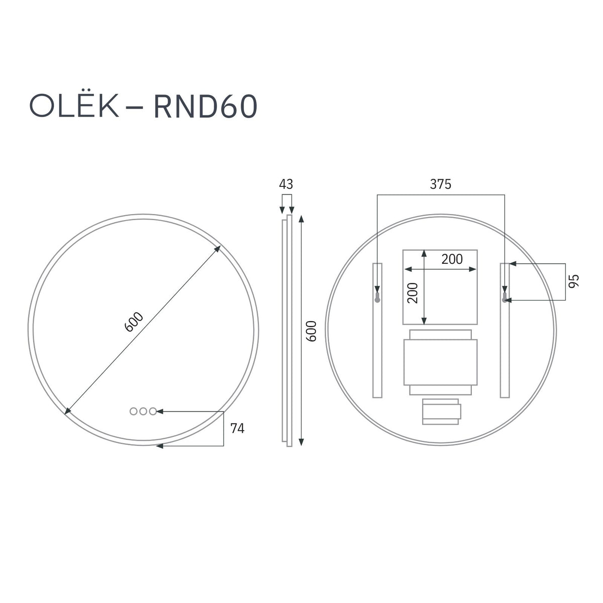 Radiant Olek round LED mirror technical drawing, 600mm diameter, white, with side and depth measurements