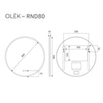 Radiant Olek round LED mirror technical drawing, 800mm, white, showing dimensions and wall bracket layout