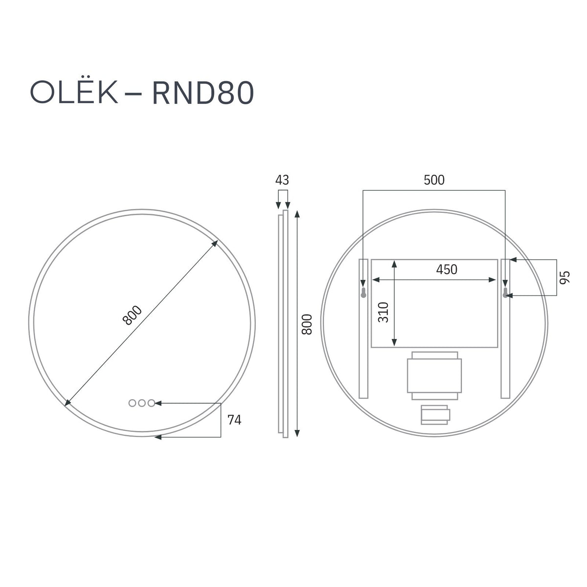 Radiant Olek round LED mirror technical drawing, 800mm, white, showing dimensions and wall bracket layout