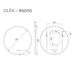Radiant Olek round LED mirror technical drawing in white, showing 900mm diameter and 43mm depth with mounting details