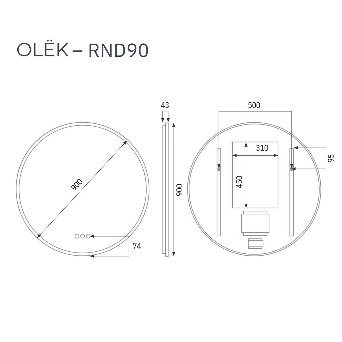 Radiant Olek round LED mirror technical drawing in white, showing 900mm diameter and 43mm depth with mounting details