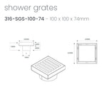 Radiant square slotted floor grate technical drawing, 100 x 100mm, 74mm outlet, gun metal grey 316 stainless steel