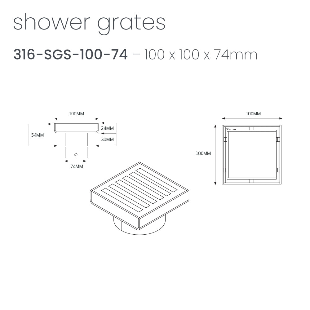 Radiant square slotted floor grate technical drawing, 100 x 100mm, 74mm outlet, gun metal grey 316 stainless steel