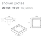 Radiant 100mm square tile insert floor waste technical drawing, warm brushed nickel, 38mm outlet, dimensions shown