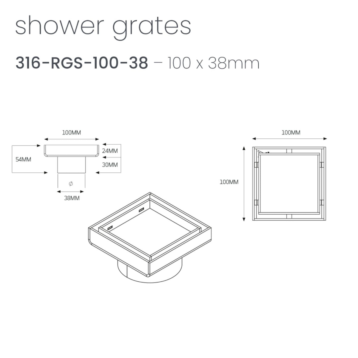 Radiant 100mm square tile insert floor waste technical drawing, warm brushed nickel, 38mm outlet, dimensions shown
