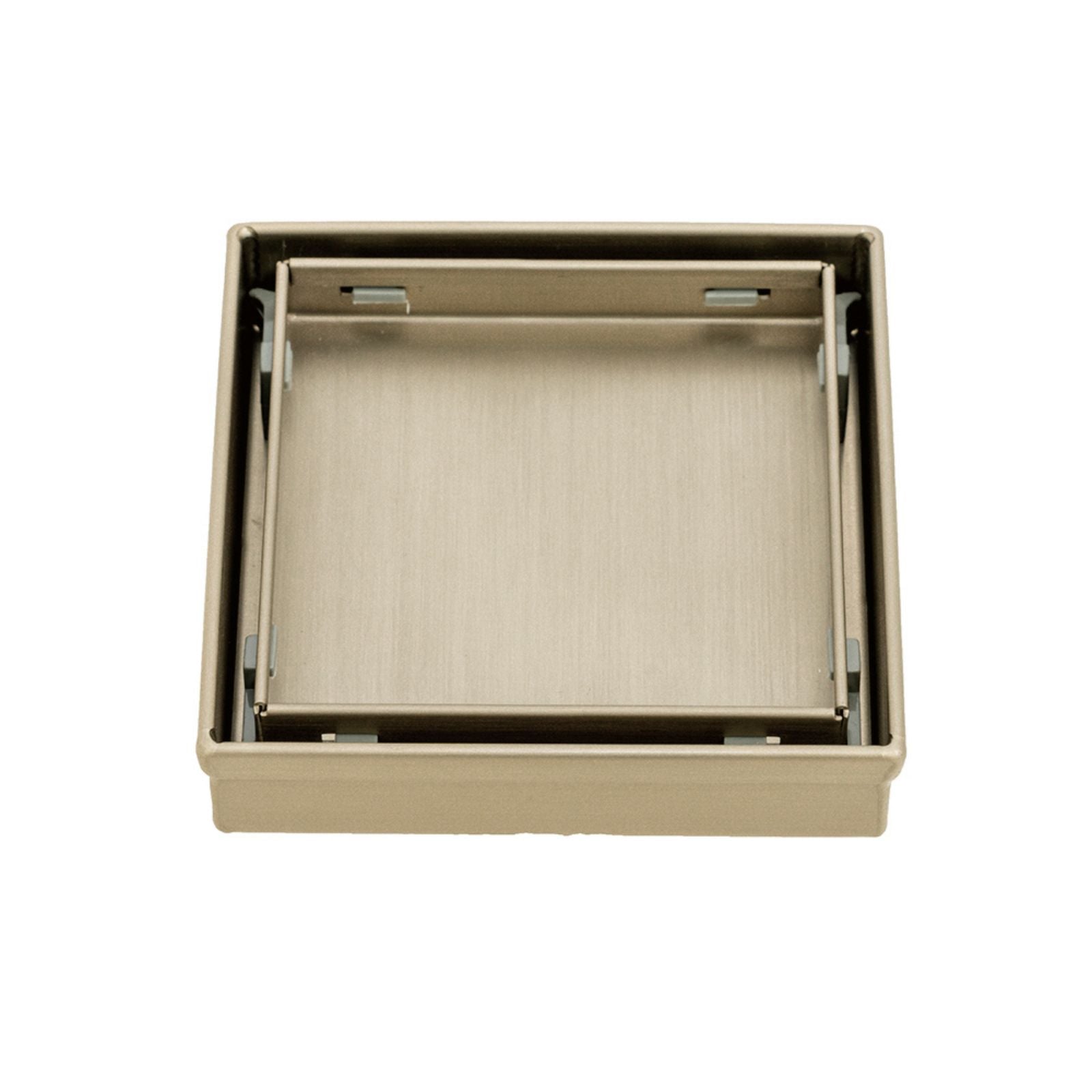 Radiant square tile insert floor waste in warm brushed nickel, top view