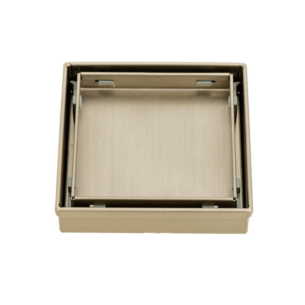 Radiant square tile insert floor waste in warm brushed nickel, top view