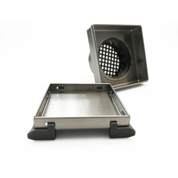 Radiant brushed satin square tile insert floor waste, 150mm stainless steel grate with black underside on white background