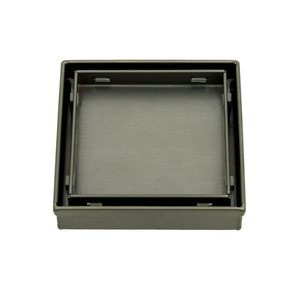 Radiant square tile insert floor waste in gun metal grey, shown from above with removable insert, square profile