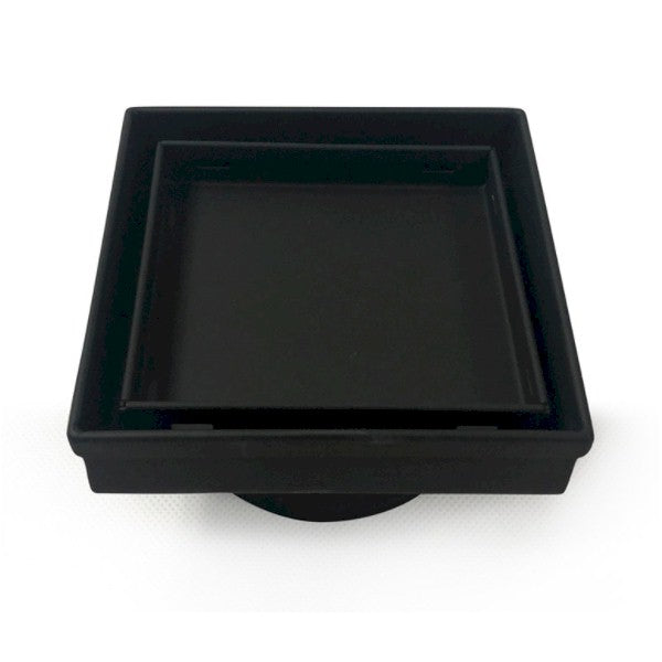 Radiant square tile insert floor waste in matte black, front view, with raised insert tray for tiled bathroom floors