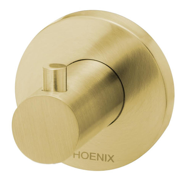 Phoenix Radii robe hook with round plate in brushed gold, front view on white background