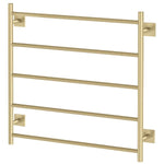 Phoenix Radii heated towel ladder in brushed gold, 5-bar wall-mounted rail on white background
