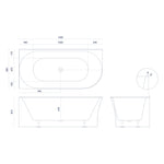 Raymor Alpha right hand corner bath technical drawing, white 1500mm bath with centre waste and dimensions shown