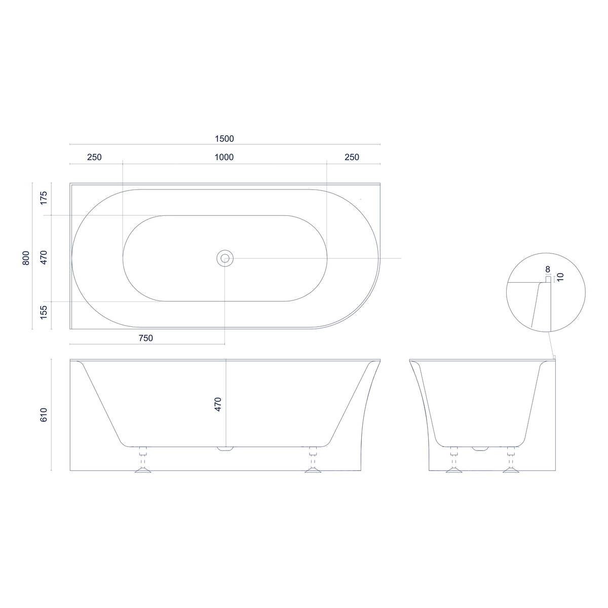 Raymor Alpha right hand corner bath technical drawing, white 1500mm bath with centre waste and dimensions shown