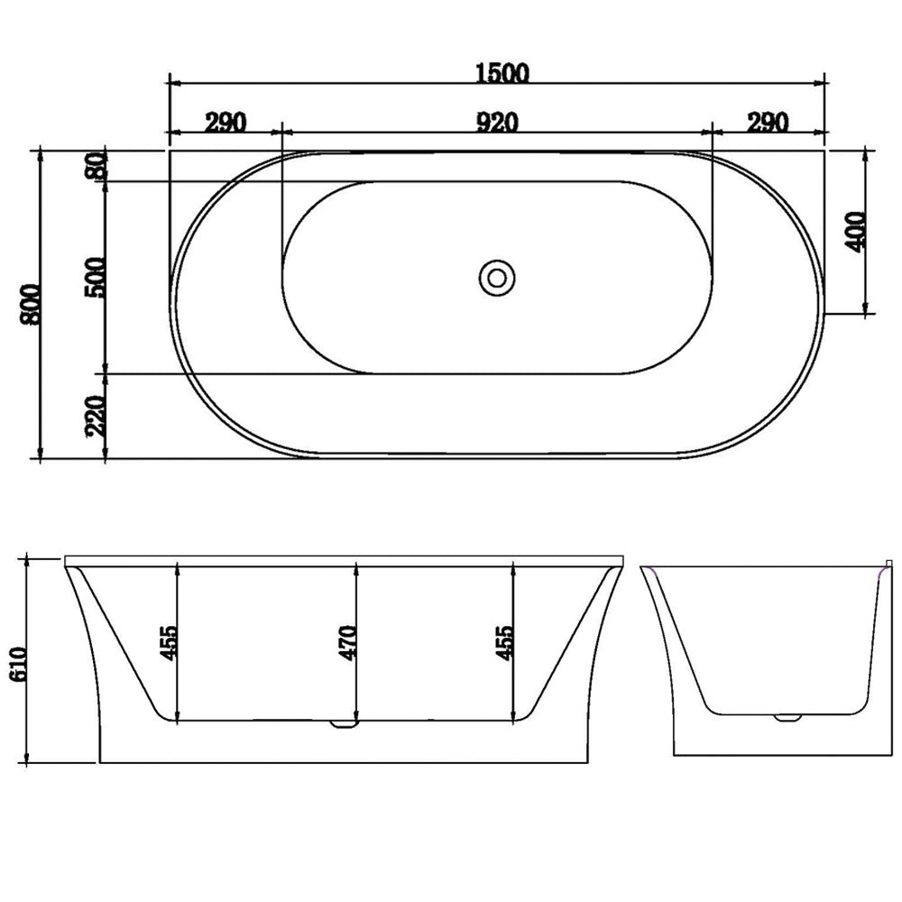 Raymor Alpha back to wall freestanding bath technical drawing, white acrylic, 1500mm x 800mm, centre waste, no overflow