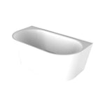 Raymor Alpha back to wall freestanding bath, white acrylic, angled view with rounded front and straight rear edge