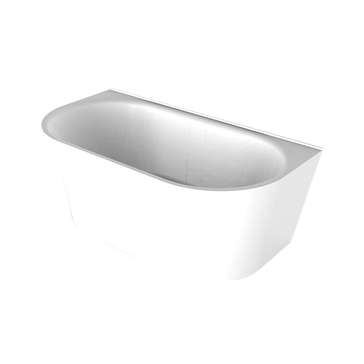 Raymor Alpha back to wall freestanding bath, white acrylic, angled view with rounded front and straight rear edge