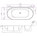 Raymor Alpha back to wall freestanding bath 1700mm white technical drawing with dimensions and centre waste