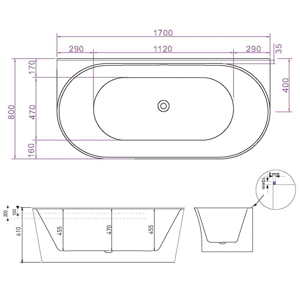 Raymor Alpha back to wall freestanding bath 1700mm white technical drawing with dimensions and centre waste