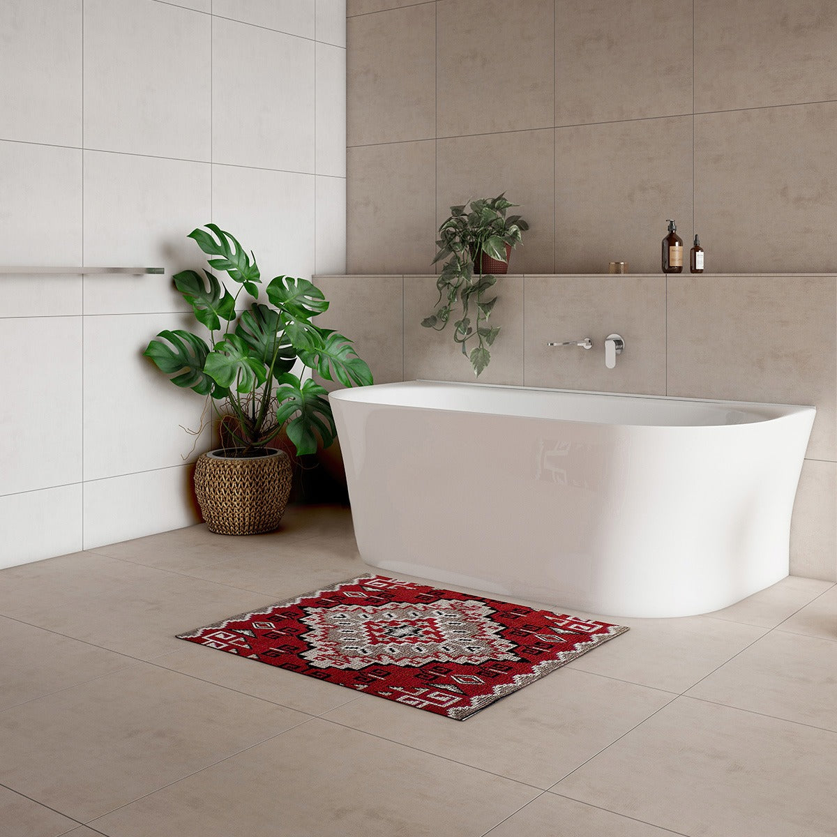 Raymor Alpha white back to wall freestanding bath in tiled bathroom setting
