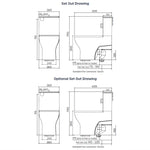 Raymor Alpha back to wall toilet suite set out drawing, white rimless slim seat, front and side technical dimensions diagram