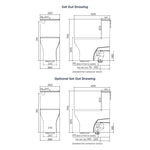 Technical set out drawing for Raymor Alpha back to wall toilet suite, showing dimensions and optional pan set out range.