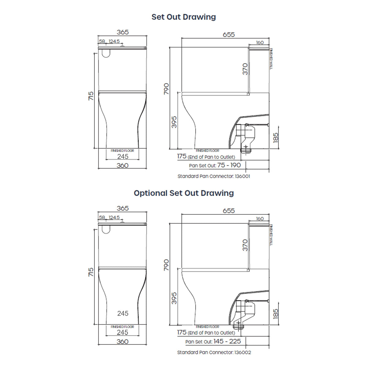 Technical set out drawing for Raymor Alpha back to wall toilet suite, showing dimensions and optional pan set out range.