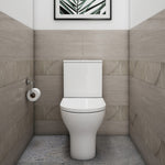 Raymor Alpha back to wall toilet suite in white, shown front-on in a tiled bathroom with standard seat and cistern