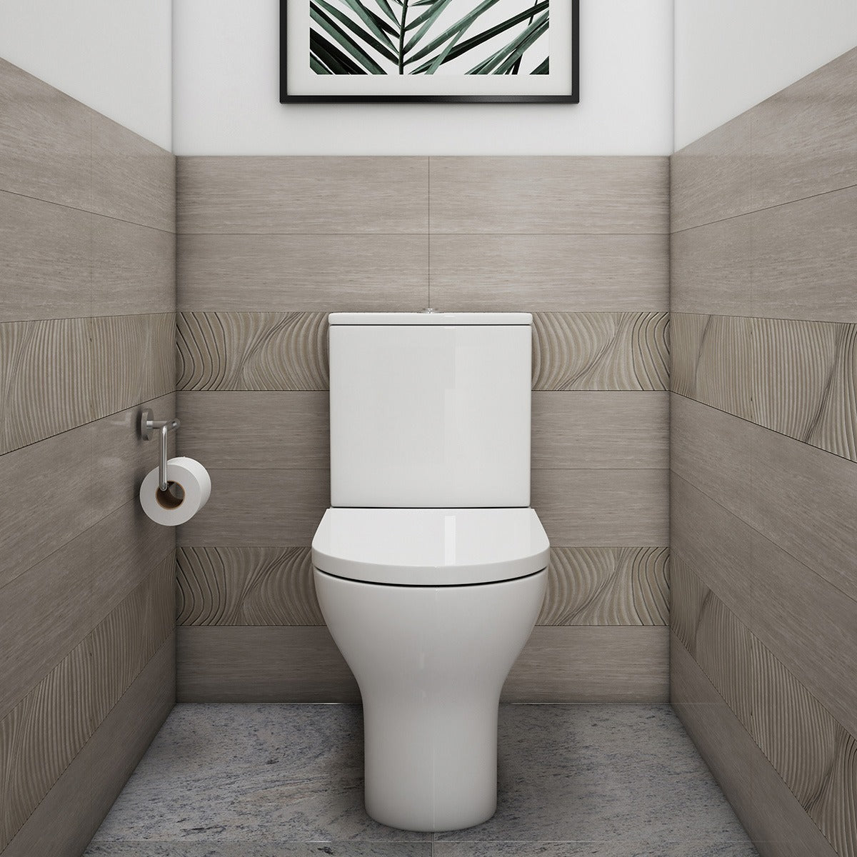 Raymor Alpha back to wall toilet suite in white, shown front-on in a tiled bathroom with standard seat and cistern