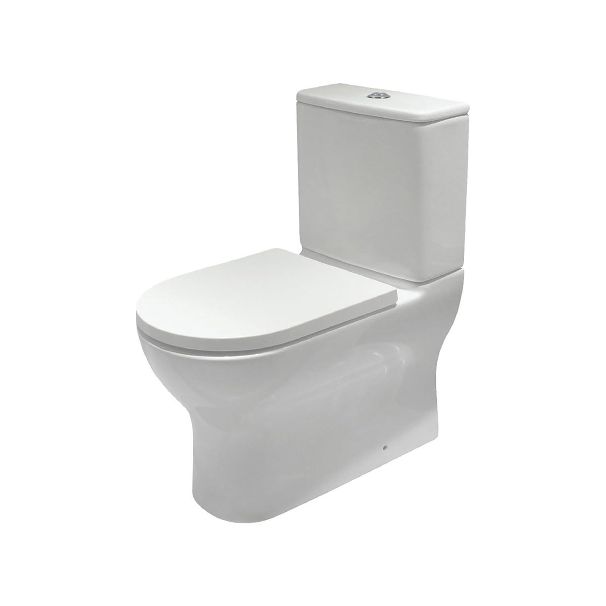 Raymor Alpha back to wall rimless toilet suite with standard white seat, front-left angled view