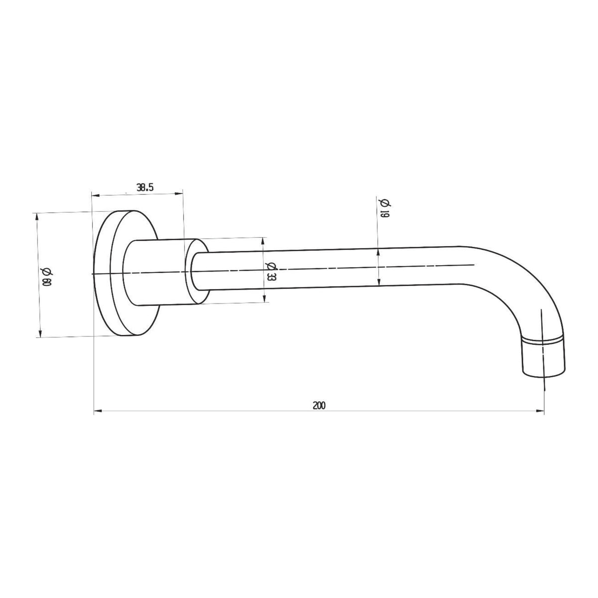 Raymor Alpha 200mm wall spout technical drawing, brushed nickel finish, fixed rounded basin or bath spout in side view