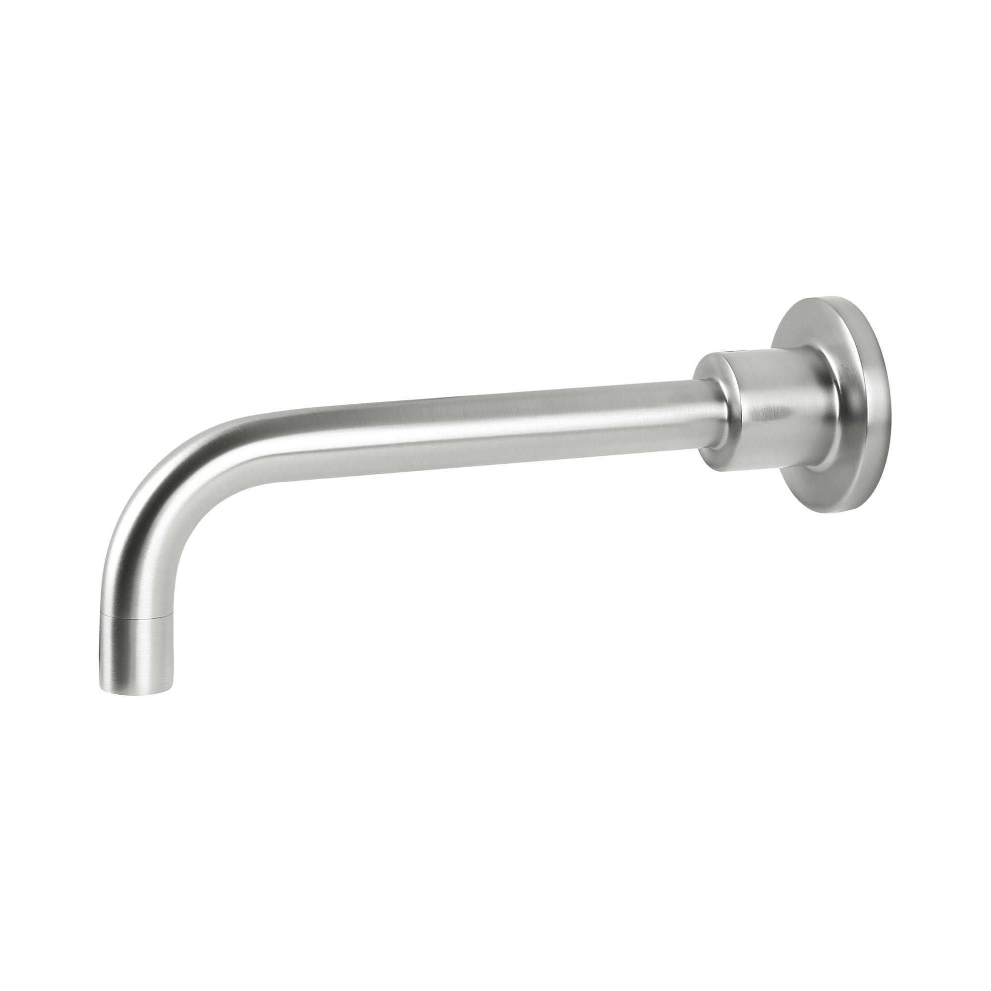 Raymor Alpha 200mm wall spout in brushed nickel, fixed rounded basin or bath tap outlet on white background