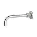 Raymor Alpha 200mm wall spout in brushed nickel, fixed rounded basin or bath tap outlet on white background