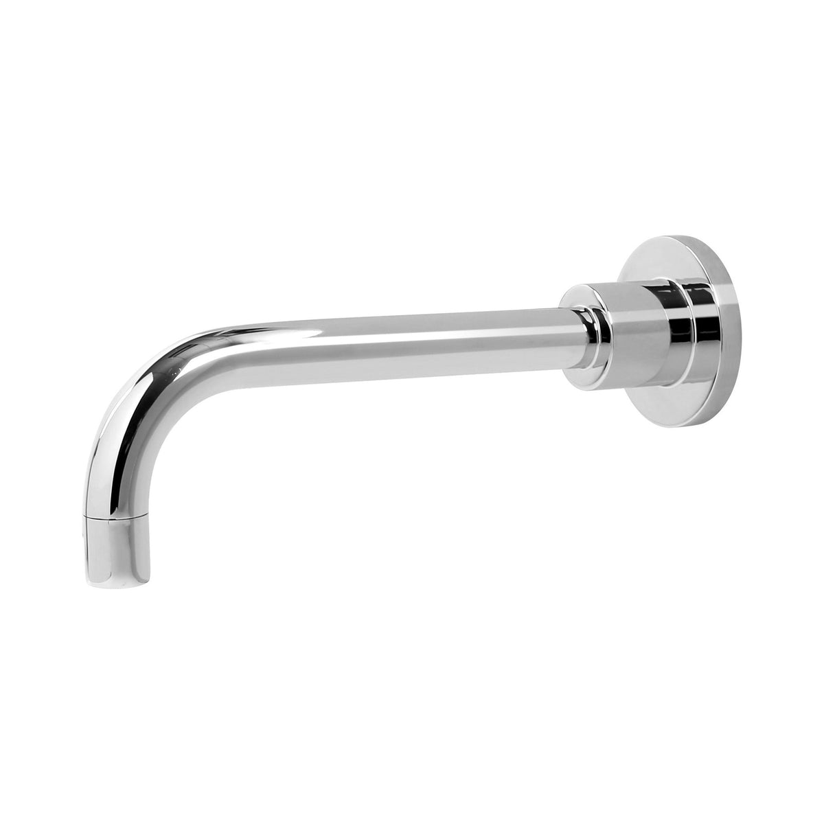 Raymor Alpha 200mm chrome wall spout with rounded fixed outlet, shown on white background