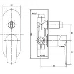Raymor Alpha chrome bath/shower mixer with diverter, technical drawing showing front and side dimensions.