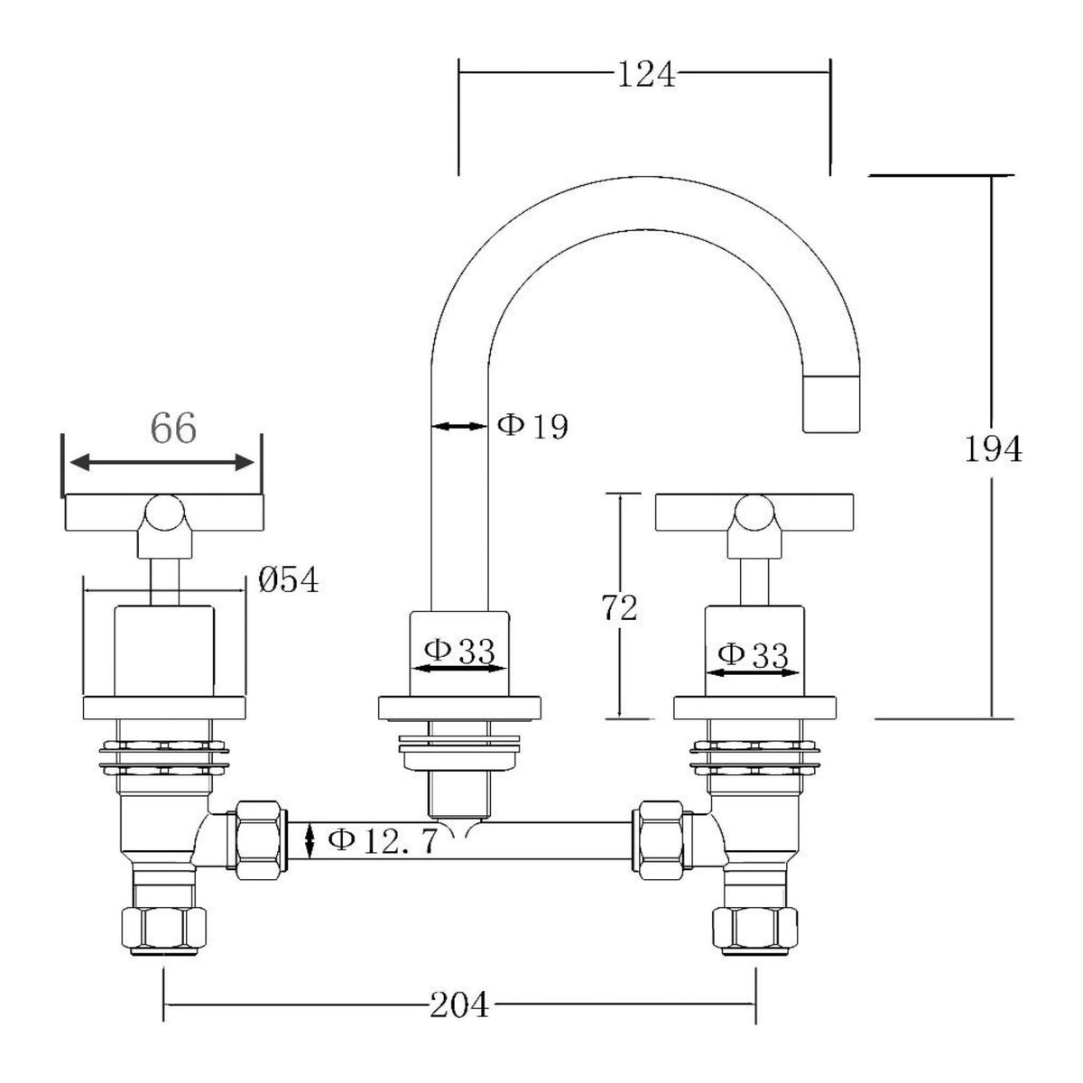 Technical drawing of Raymor Alpha three-piece basin set in black, showing gooseneck spout and cross handles with dimensions.