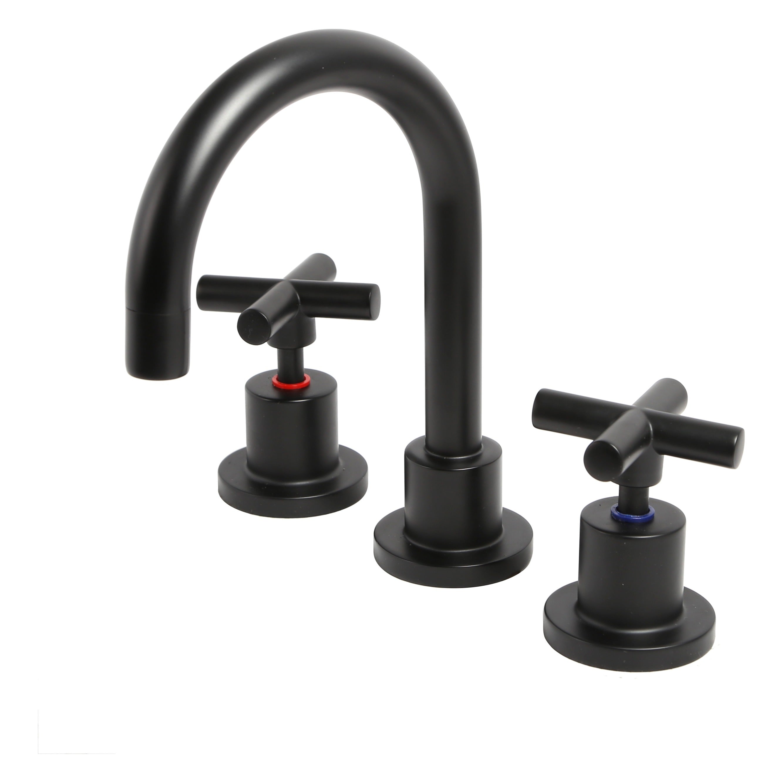 Raymor Alpha black 3 piece basin tap set with cross handles and gooseneck spout on white background