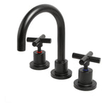 Raymor Alpha black 3 piece basin tap set with cross handles and gooseneck spout on white background