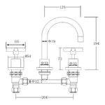 Technical drawing of Raymor Alpha Cross Handle basin set in brushed nickel, showing 3-piece taps and dimensions