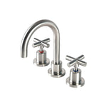 Raymor Alpha three-piece basin set in brushed nickel with cross handles and gooseneck spout on white background