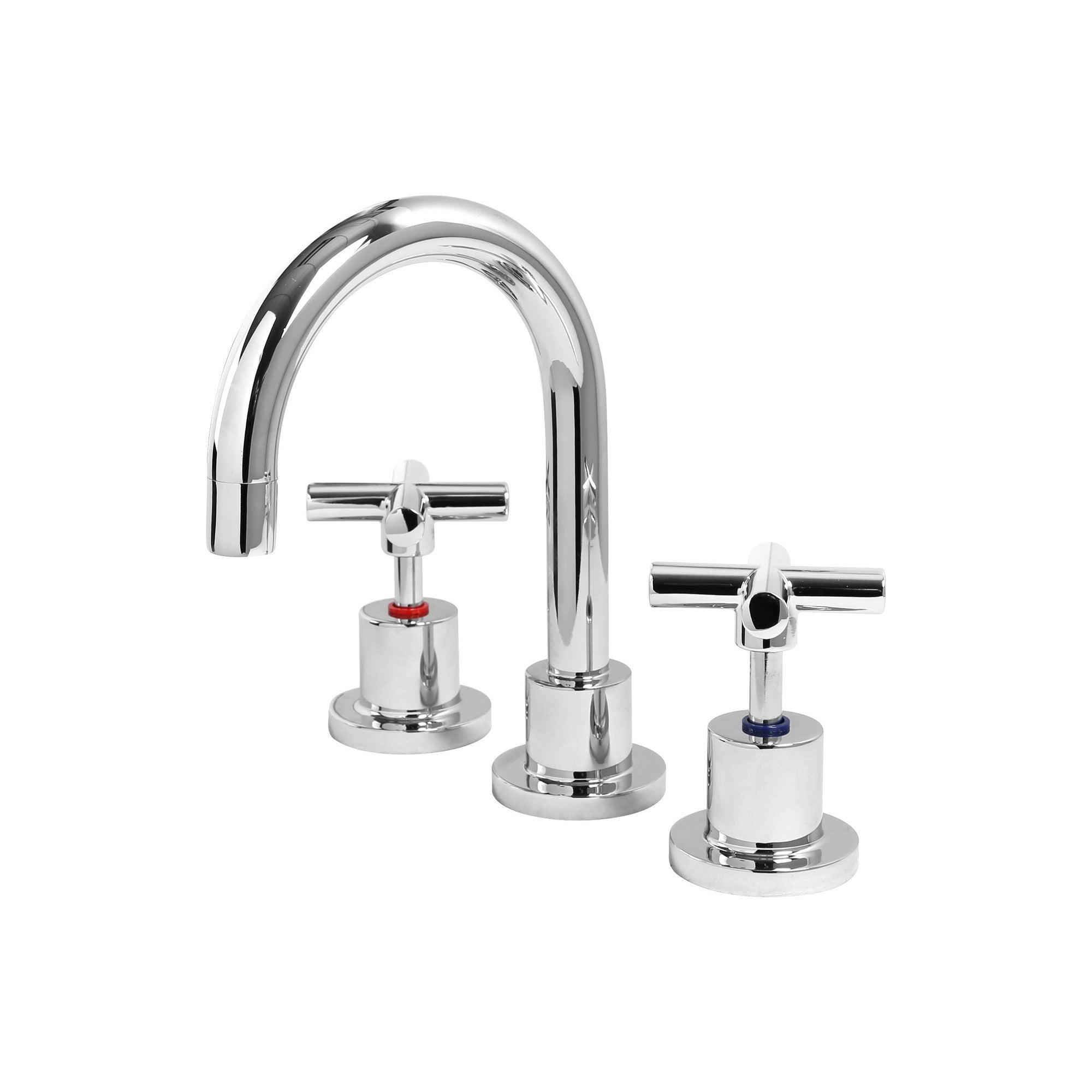 Raymor Alpha chrome 3-piece basin tap set with cross handles and gooseneck spout on white background